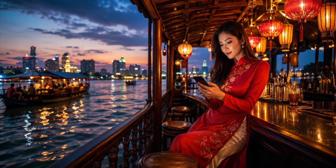 Người dùng Sài Gòn mặc áo dài sử dụng ứng dụng cá cược VIP trên điện thoại